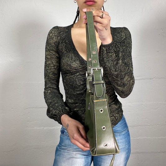 Vintage 2000’s Casual Green Glossy Leather Shoulder Bag with Eyelet Details and Zippers