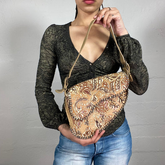 Vintage 2000’s Downtown Girl Brown Leather Bag with Boho Style Print and Binding Trim