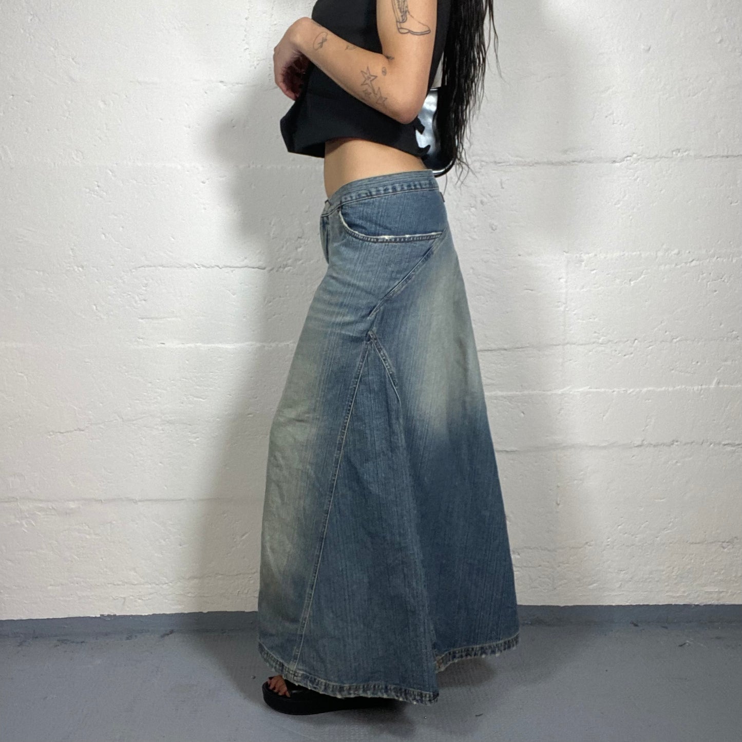 Vintage 2000’s Kookai Boho Girl Faded Warm Toned Blue Denim Maxi Skirt (M)