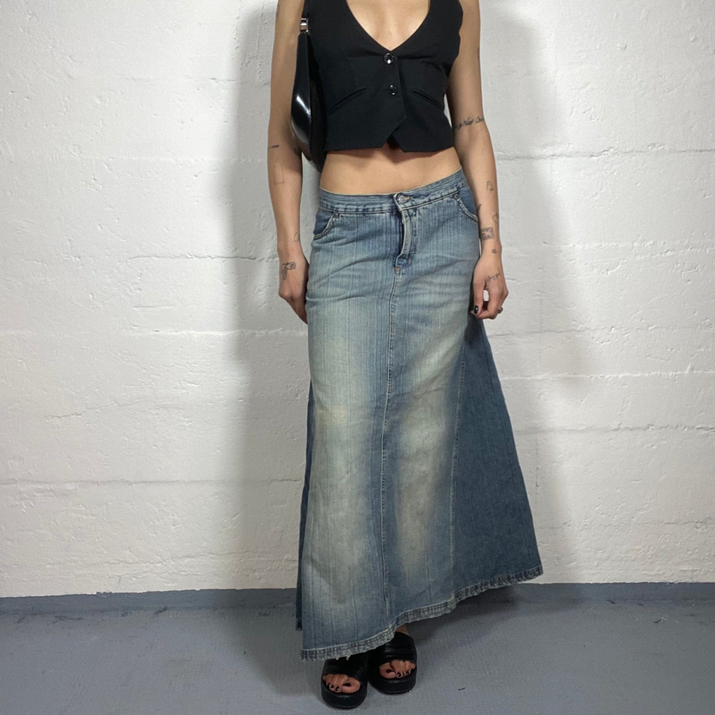 Vintage 2000’s Kookai Boho Girl Faded Warm Toned Blue Denim Maxi Skirt (M)