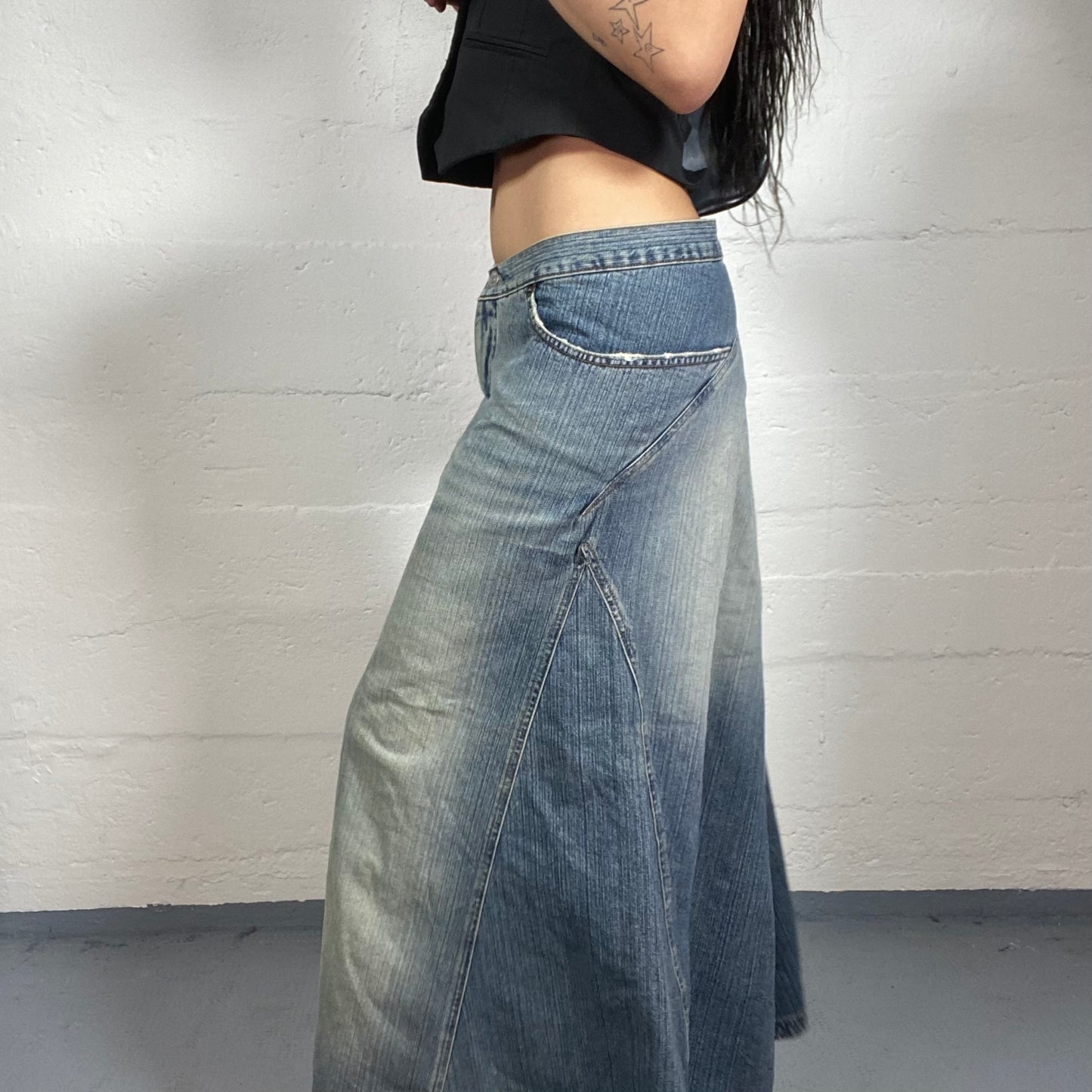 Vintage 2000’s Kookai Boho Girl Faded Warm Toned Blue Denim Maxi Skirt (M)