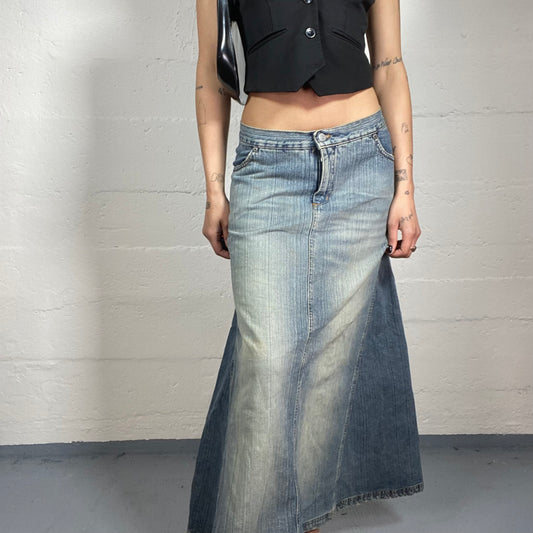 Vintage 2000’s Kookai Boho Girl Faded Warm Toned Blue Denim Maxi Skirt (M)