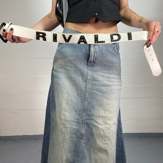 Vintage 2000’s Rivaldi Casual White Leather Belt with Metal Typography