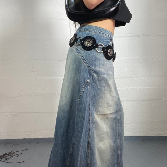 Vintage 2000’s Boho Glam Black Leather Belt with Metal Rings and Hanging Stripe Details