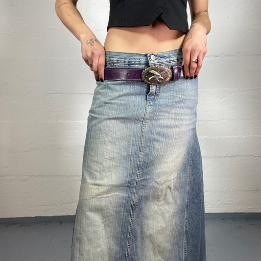 Vintage 2000’s Grunge Purple Leather Glossy Belt with Oval Metal Rhinestone Decorated Detail