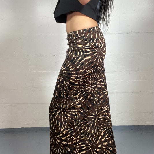 Vintage 2000’s Boho Style Summer Brown Maxi Skirt with Abstract Print (S)