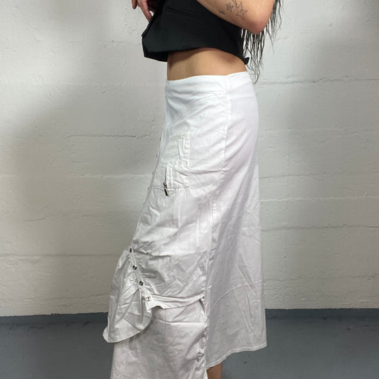 Vintage 2000’s Grungy White Summer Midi Linen Skirt with Decorative Belt Details (M)