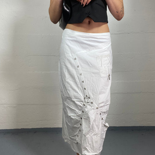 Vintage 2000’s Grungy White Summer Midi Linen Skirt with Decorative Belt Details (M)