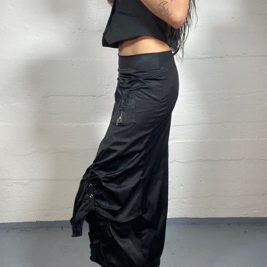 Vintage 2000’s Grunge Black Sheer Low Waisted Maxi Skirt with Decorative Belt Details (S)