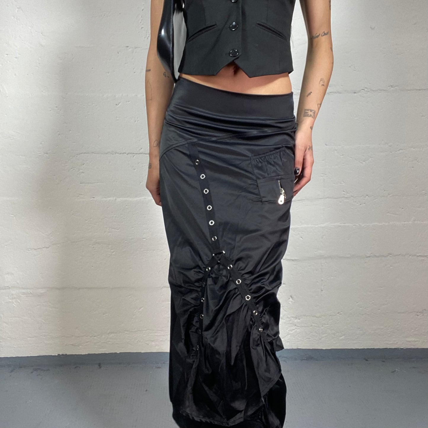 Vintage 2000’s Grunge Black Sheer Low Waisted Maxi Skirt with Decorative Belt Details (S)