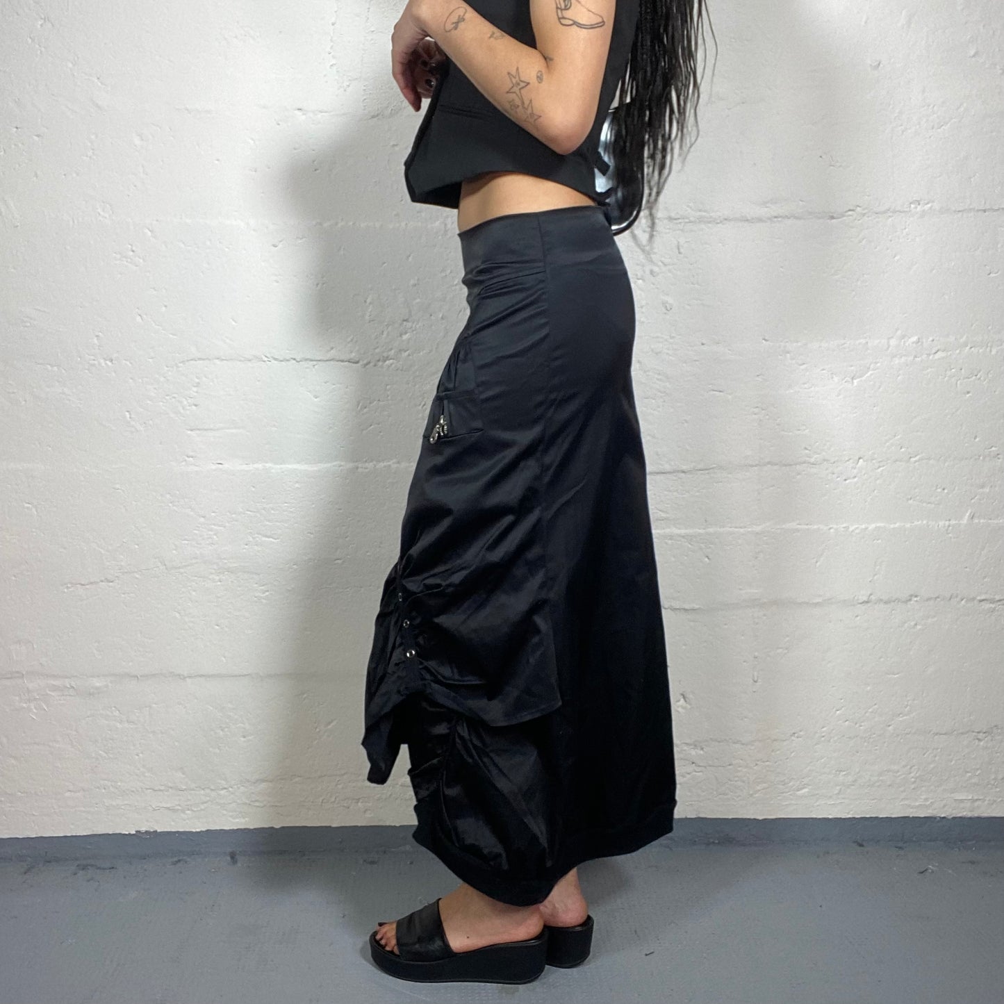 Vintage 2000’s Grunge Black Sheer Low Waisted Maxi Skirt with Decorative Belt Details (S)