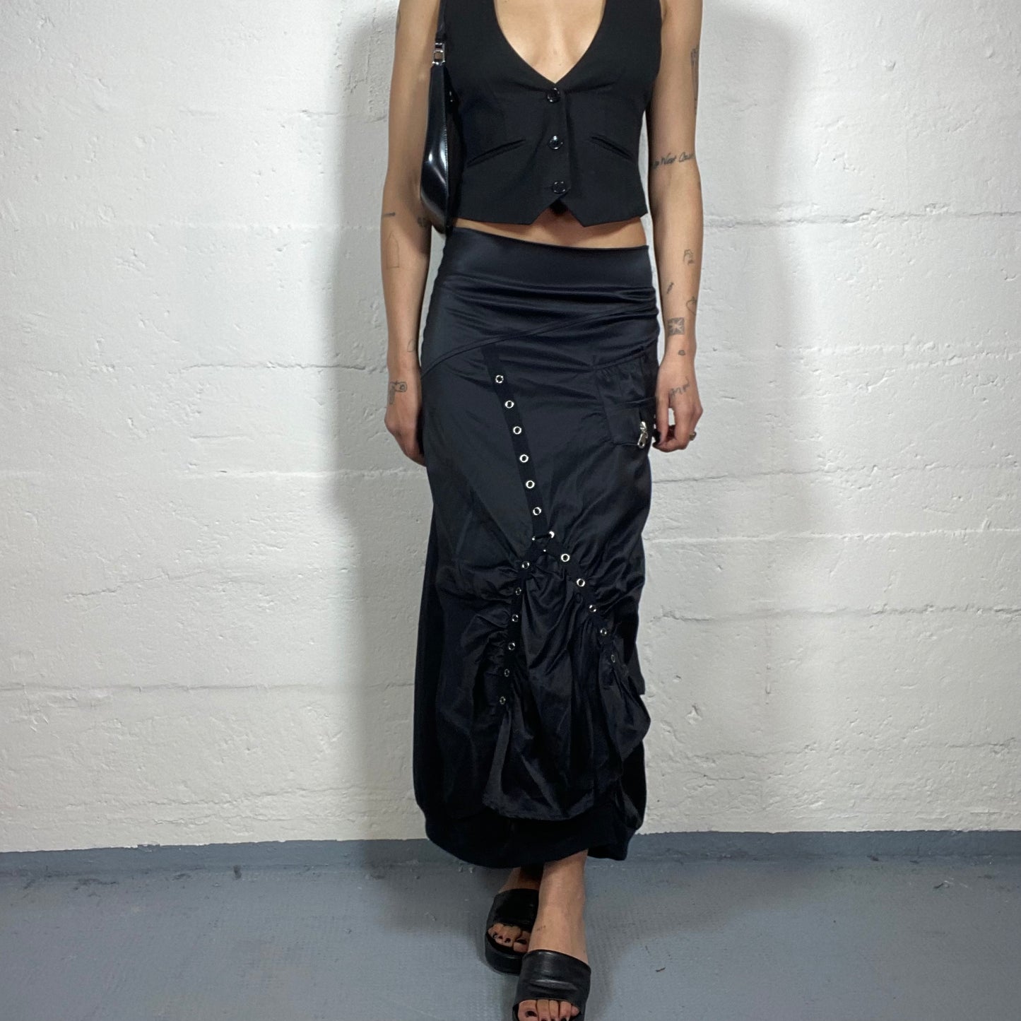 Vintage 2000’s Grunge Black Sheer Low Waisted Maxi Skirt with Decorative Belt Details (S)