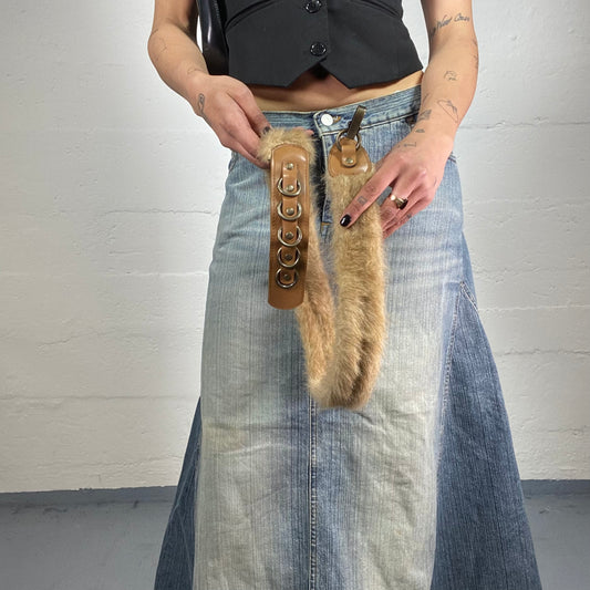 Vintage 2000’s Cowgirl Western Style Beige Faux Fur Belt with Metal Ring Details