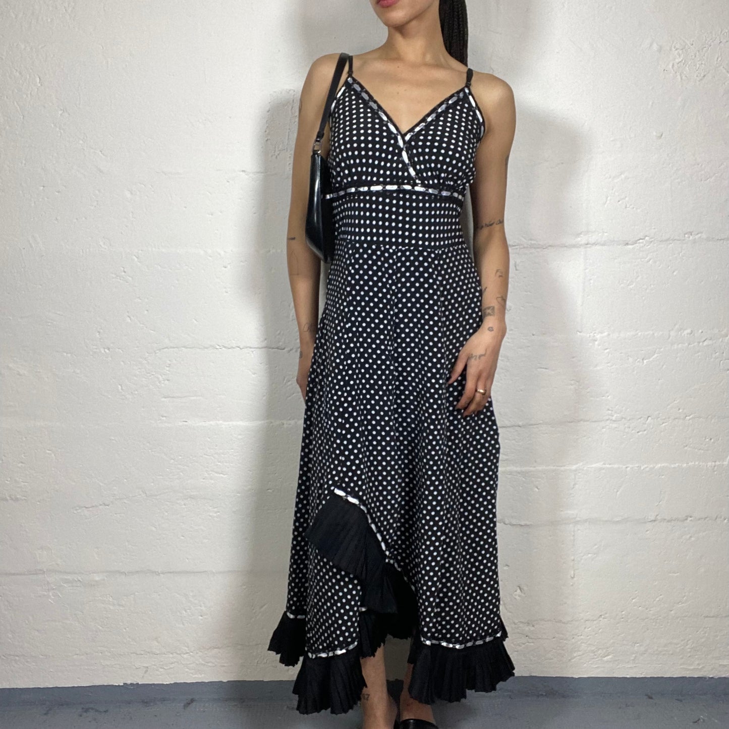 Vintage 2000’s Romantic Black and White Polka Dot Summer Maxi Cami Dress with Bottom Pleated Details and Silky Bra Decorations (M)