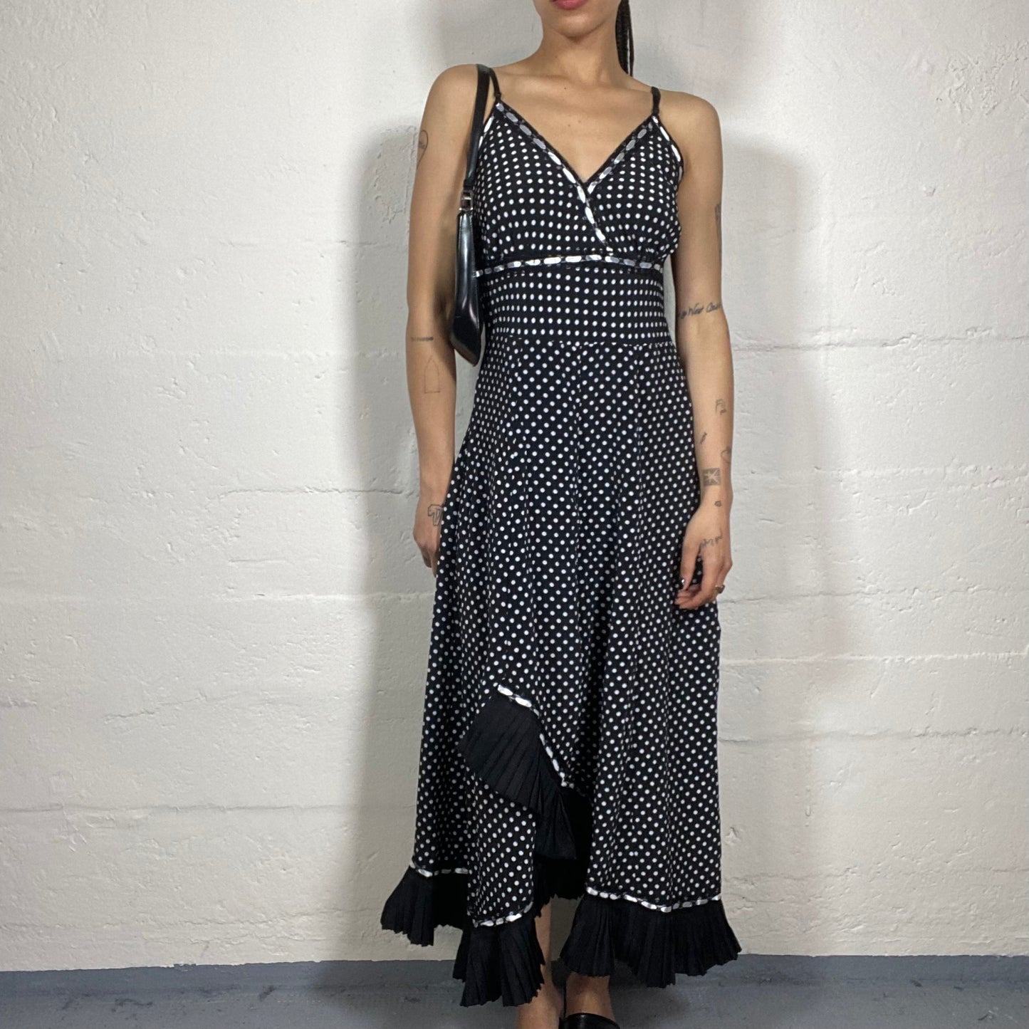 Vintage 2000’s Romantic Black and White Polka Dot Summer Maxi Cami Dress with Bottom Pleated Details and Silky Bra Decorations (M)