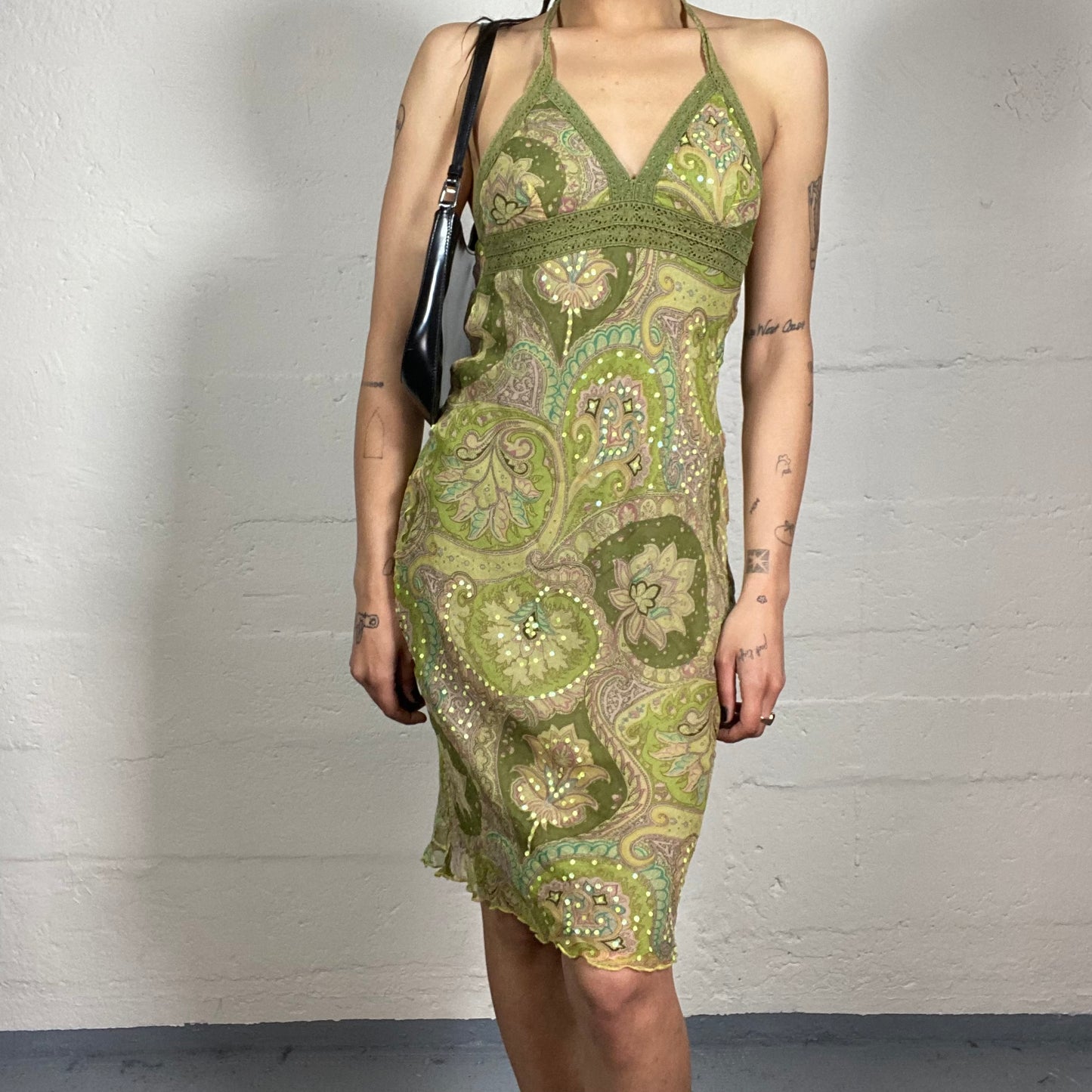 Vintage 2000’s Summer Green Chiffon Midi Cami Dress with Lace Decorated Bra and Boho Style Print (S)