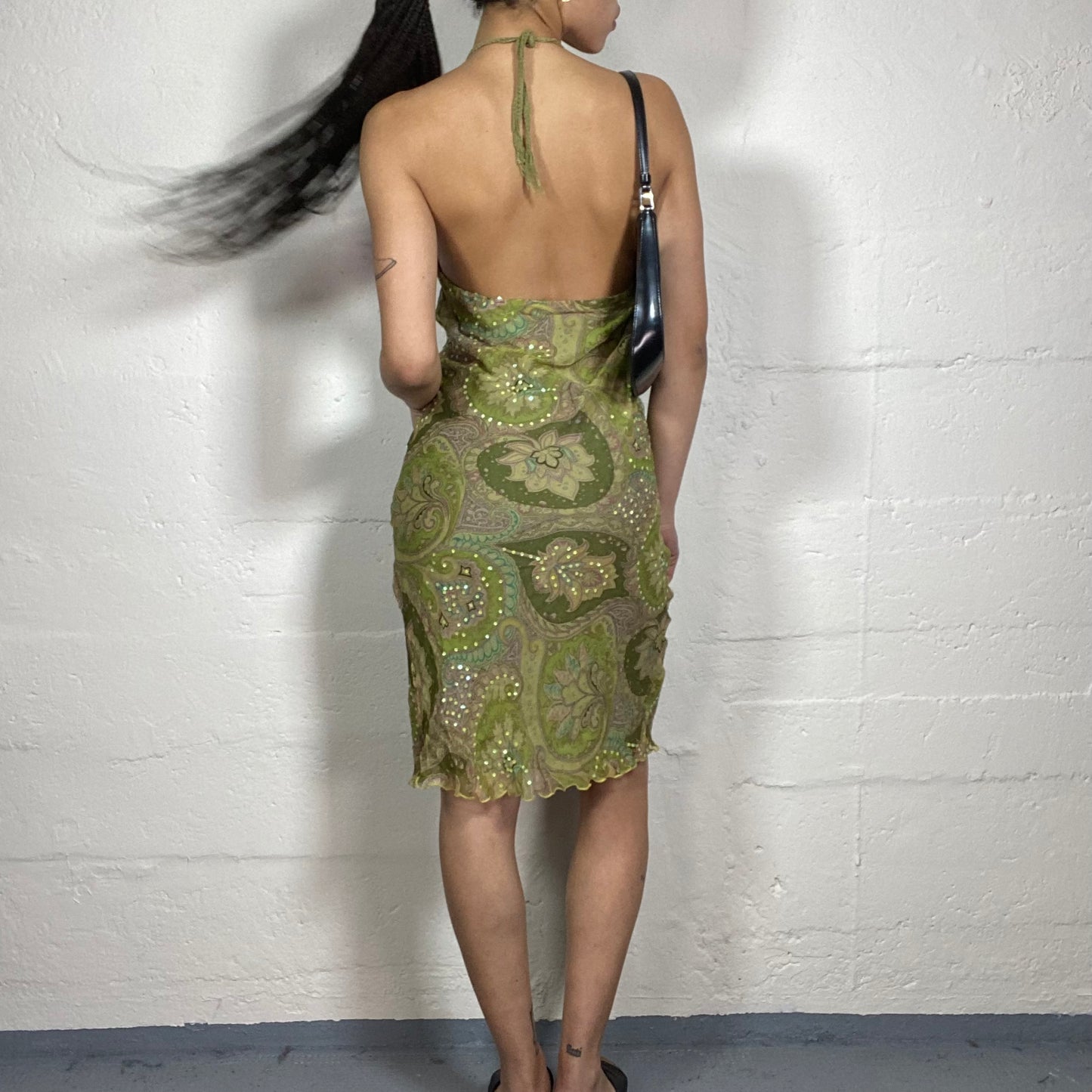 Vintage 2000’s Summer Green Chiffon Midi Cami Dress with Lace Decorated Bra and Boho Style Print (S)