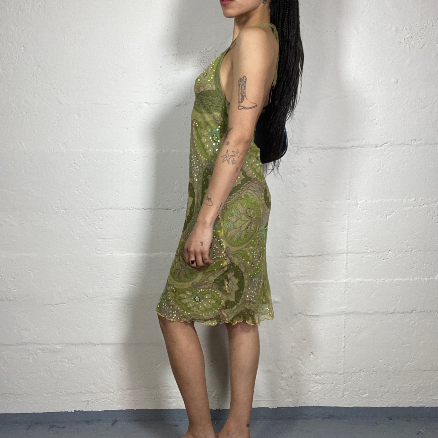 Vintage 2000’s Summer Green Chiffon Midi Cami Dress with Lace Decorated Bra and Boho Style Print (S)