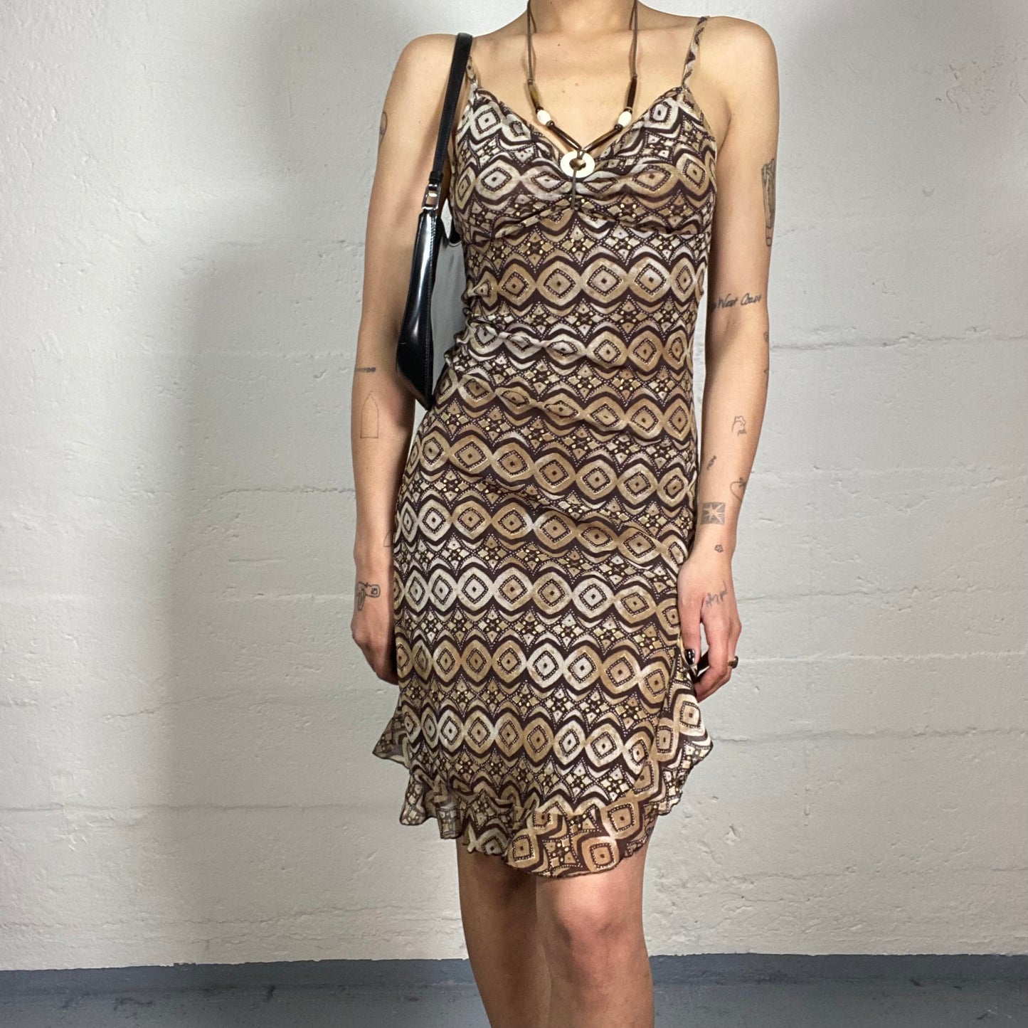 Vintage 2000’s Boho Brown Chiffon Abstract Printed Cami Midi Dress with Jewelry Decorated Neckholder (S)