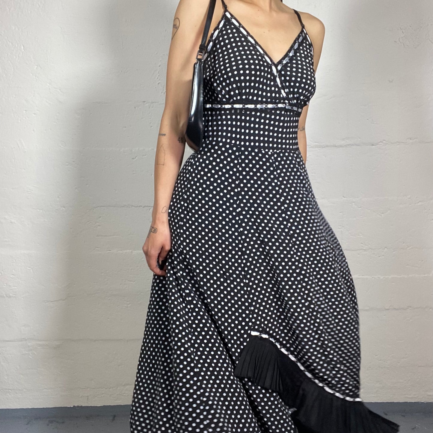 Vintage 2000’s Romantic Black and White Polka Dot Summer Maxi Cami Dress with Bottom Pleated Details and Silky Bra Decorations (M)