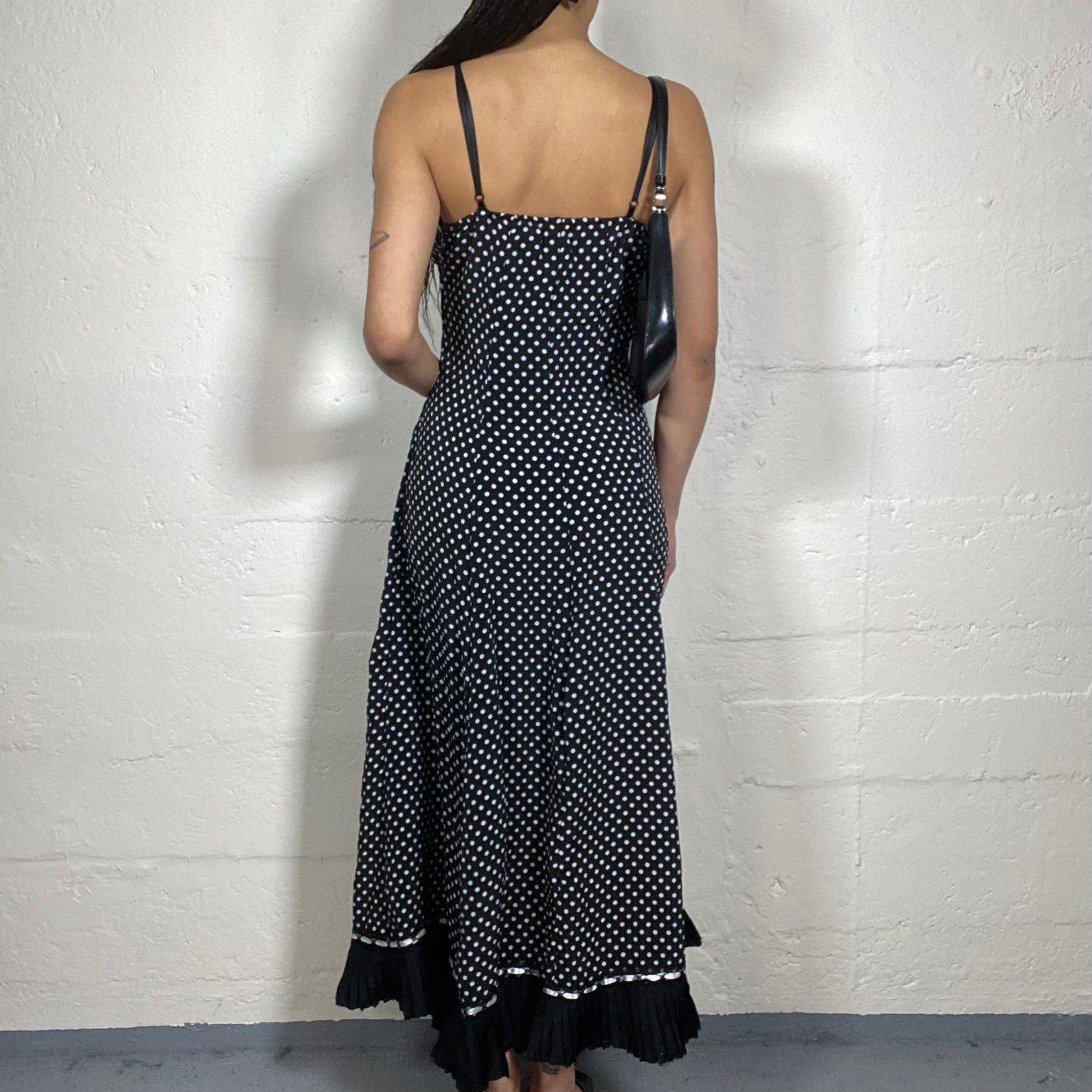 Vintage 2000’s Romantic Black and White Polka Dot Summer Maxi Cami Dress with Bottom Pleated Details and Silky Bra Decorations (M)