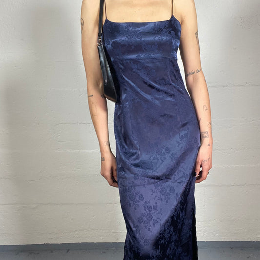 Vintage 2000’s Prom Style Midnight Blue Silky Maxi Cami Dress with Floral Print and Side Open Cut (S)