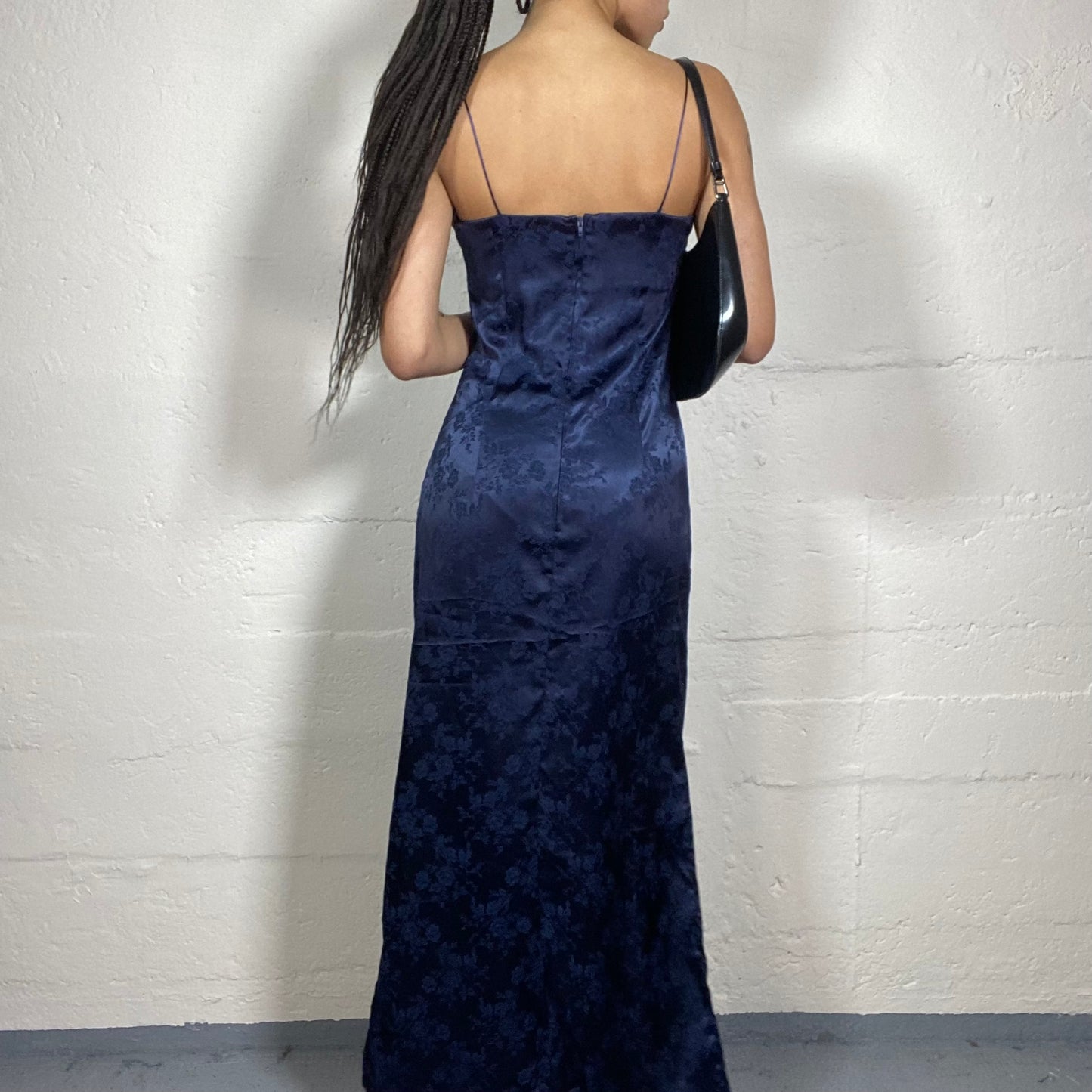 Vintage 2000’s Prom Style Midnight Blue Silky Maxi Cami Dress with Floral Print and Side Open Cut (S)