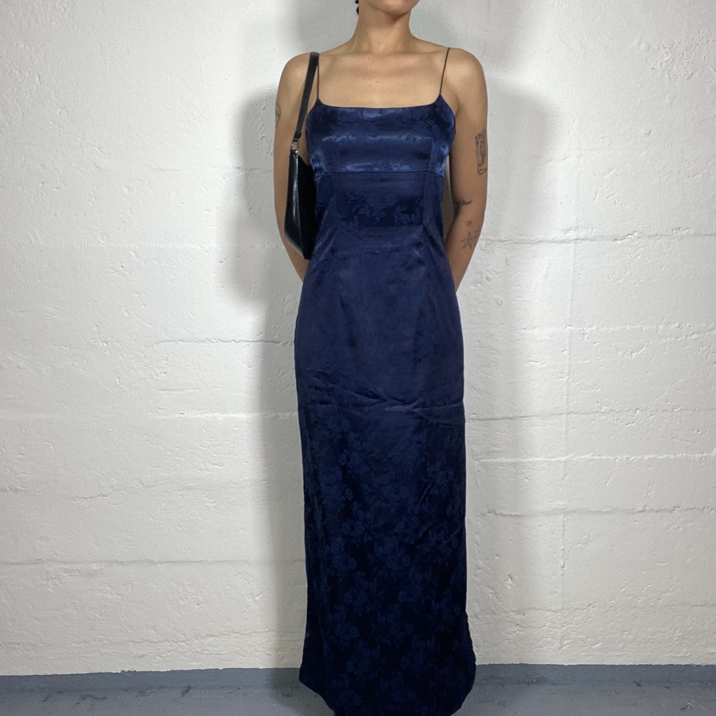 Vintage 2000’s Prom Style Midnight Blue Silky Maxi Cami Dress with Floral Print and Side Open Cut (S)