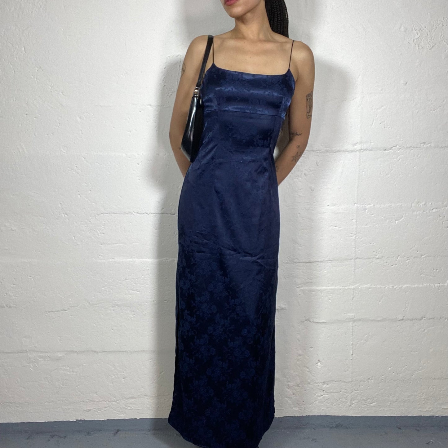 Vintage 2000’s Prom Style Midnight Blue Silky Maxi Cami Dress with Floral Print and Side Open Cut (S)