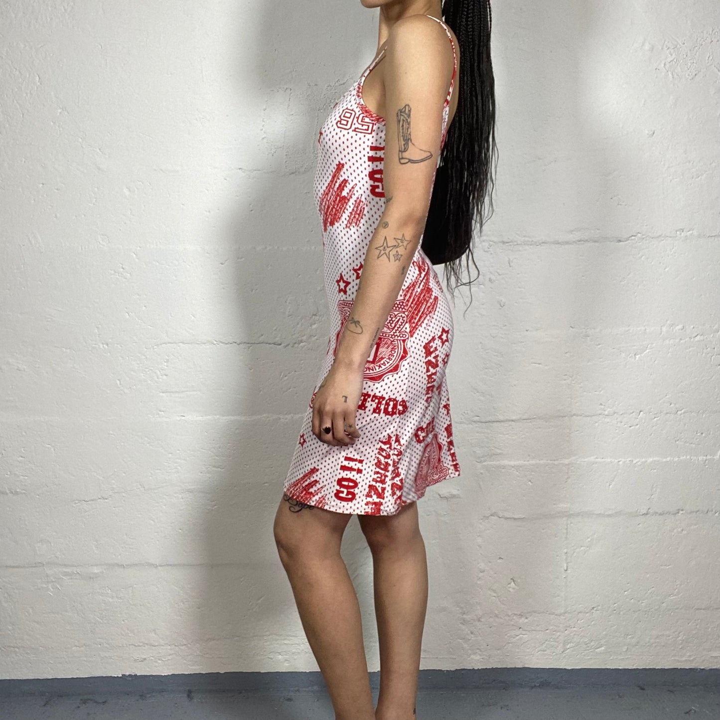 Vintage 2000’s Downtown Girl White Slim Fitted Cami Dress with Red Polka Dot and Symbolic Print (S)