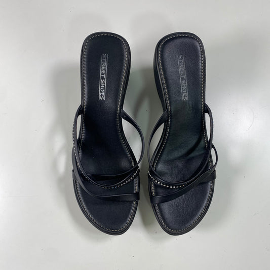 Vintage 2000’s Downtown Girl Black Wooden Platform Summer Sandals with Rhinestone Decorated Stripes