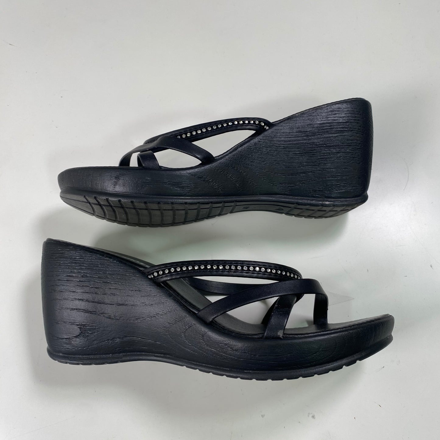 Vintage 2000’s Downtown Girl Black Wooden Platform Summer Sandals with Rhinestone Decorated Stripes