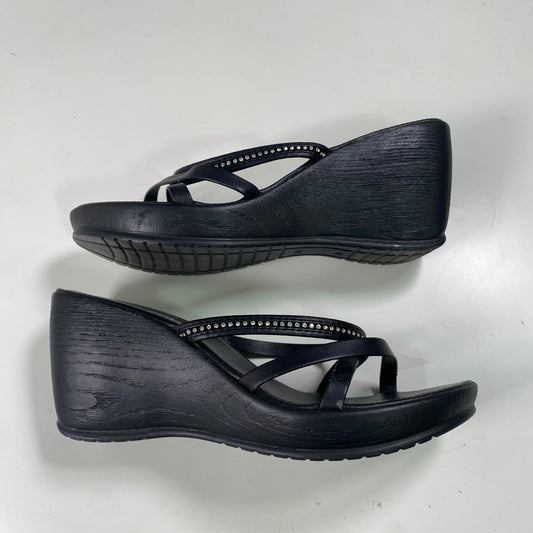 Vintage 2000’s Downtown Girl Black Wooden Platform Summer Sandals with Rhinestone Decorated Stripes