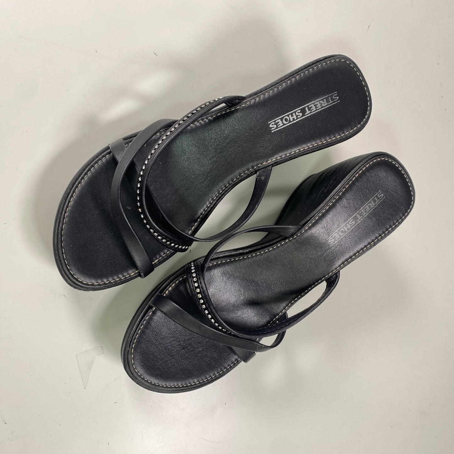Vintage 2000’s Downtown Girl Black Wooden Platform Summer Sandals with Rhinestone Decorated Stripes