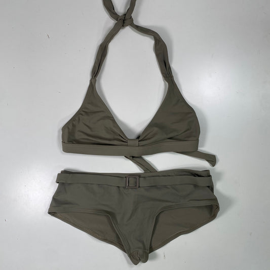 Vintage 2000’s Classy Glam Khaki Faded Green Swimwear Set with Metal Square-Shaped Detail