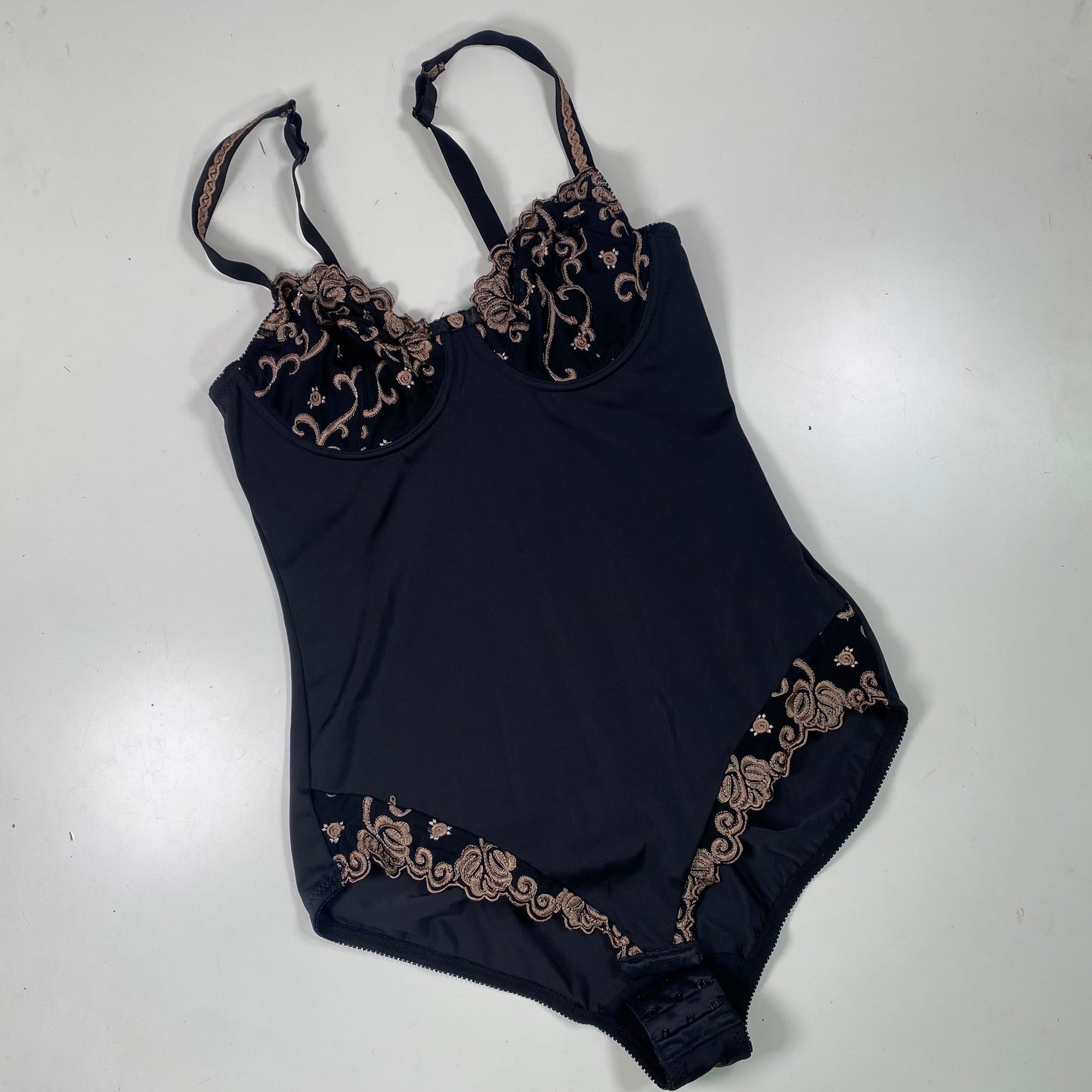 Vintage 2000’s Coquette Lingerie Black Bodysuit with Beige Boho Style Embroidery (M)