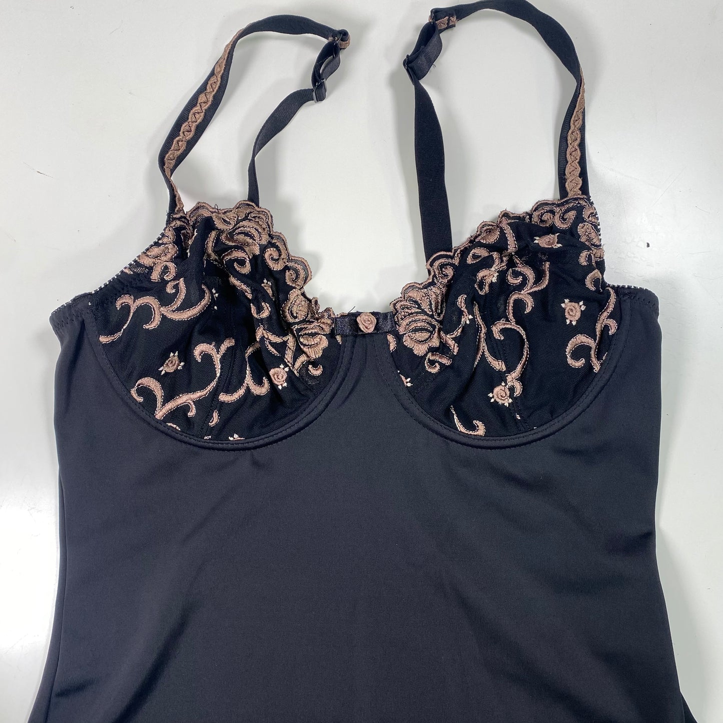 Vintage 2000’s Coquette Lingerie Black Bodysuit with Beige Boho Style Embroidery (M)