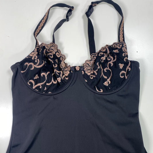 Vintage 2000’s Coquette Lingerie Black Bodysuit with Beige Boho Style Embroidery (M)