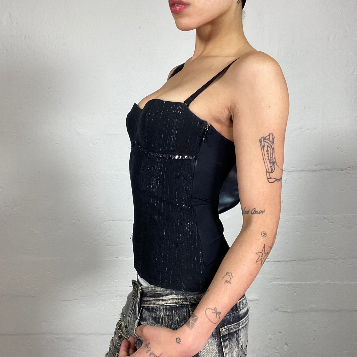 Vintage 2000's Night Out Elegant Midnight Black Shiny Striped Corset Style Top with Sequins Decorated Bra Line (S)