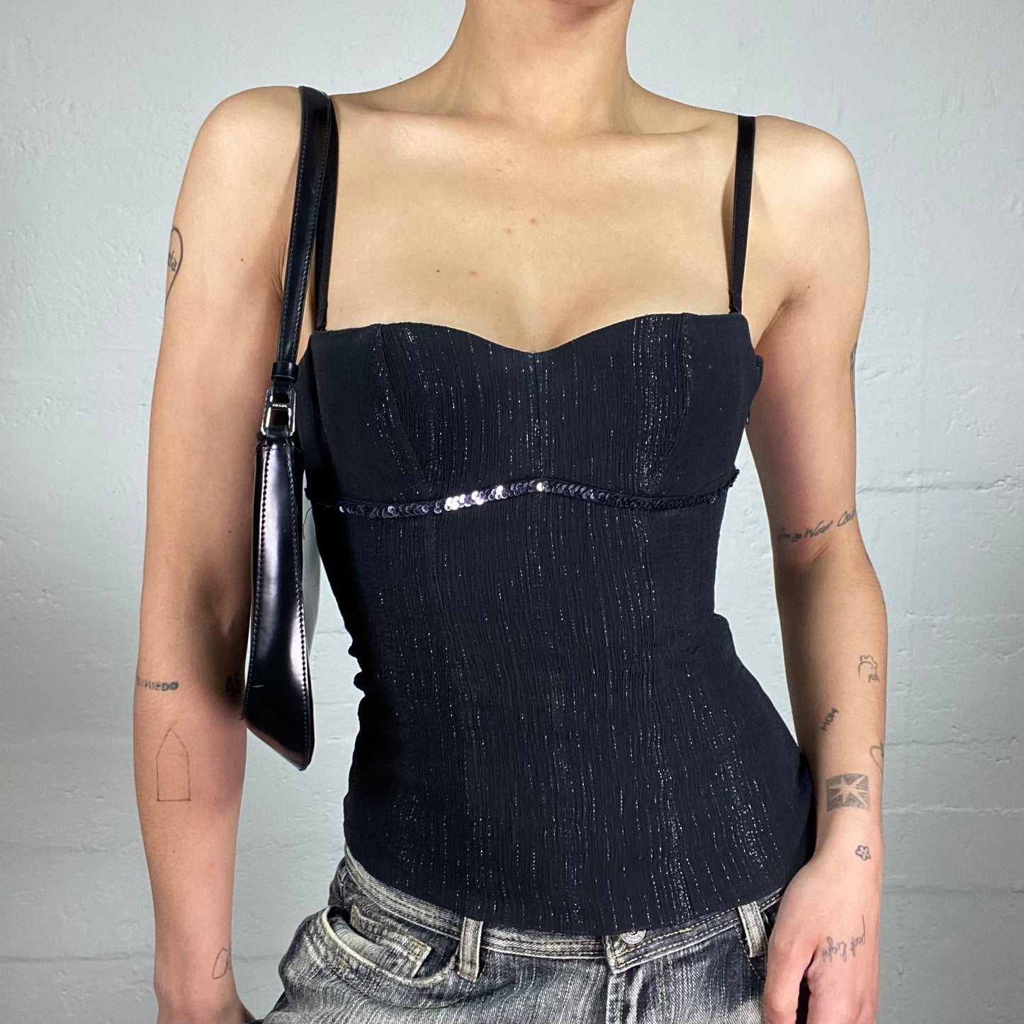 Vintage 2000's Night Out Elegant Midnight Black Shiny Striped Corset Style Top with Sequins Decorated Bra Line (S)