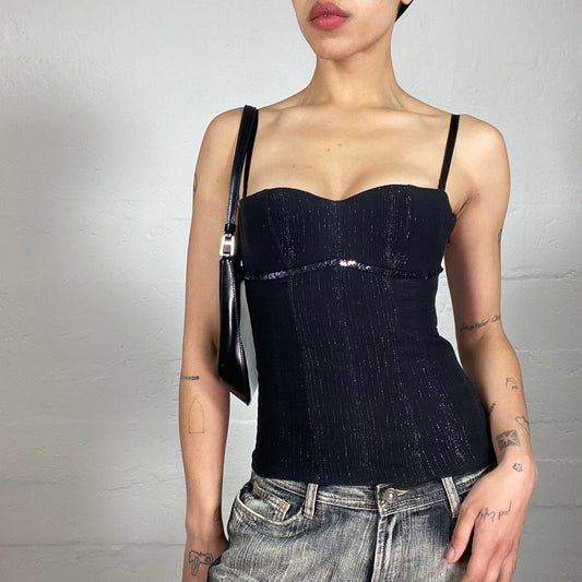Vintage 2000's Night Out Elegant Midnight Black Shiny Striped Corset Style Top with Sequins Decorated Bra Line (S)