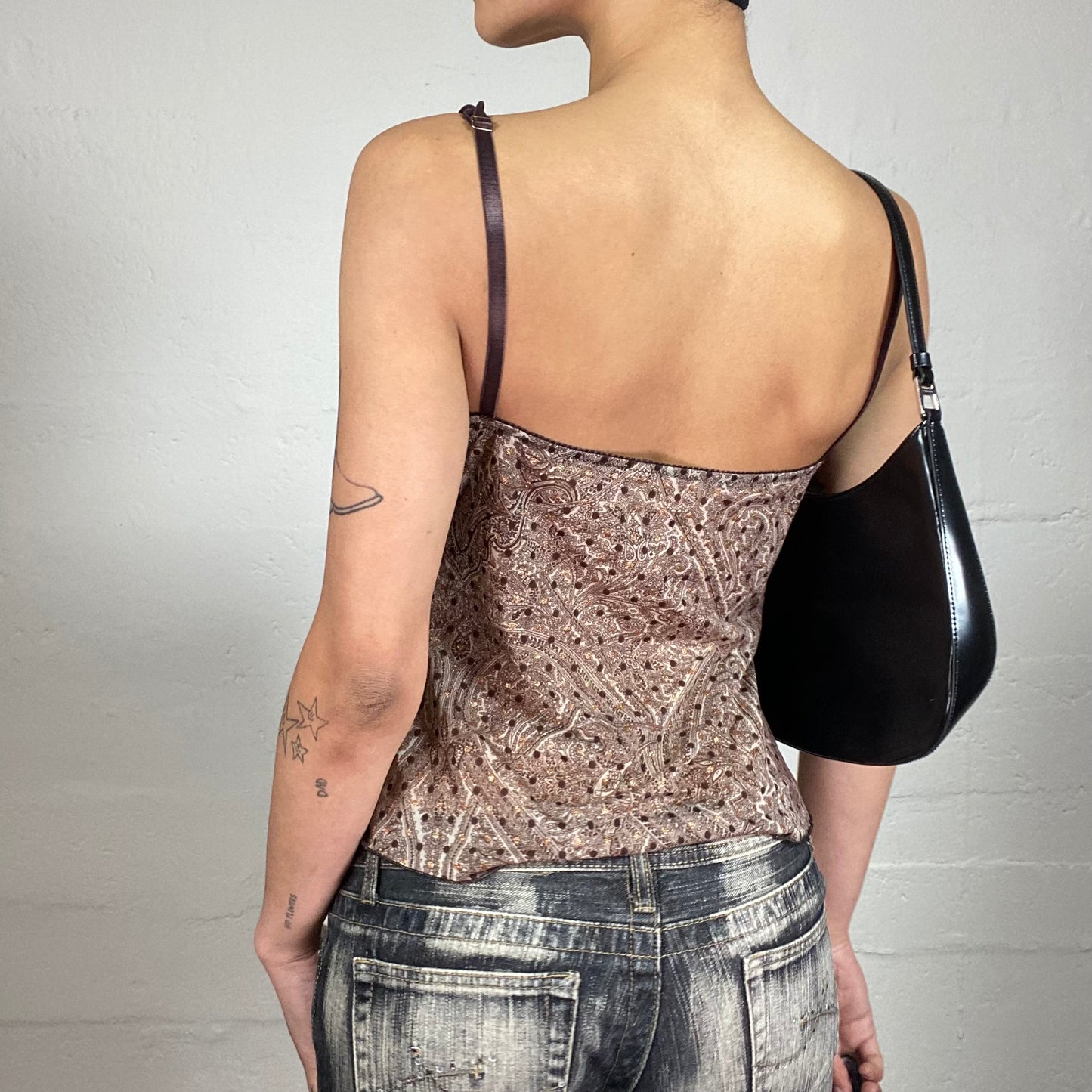 Vintage 2000's Dark Romance Boho Style and Polka Dot Printed Cami Top with Lace Decorated Bra (S)
