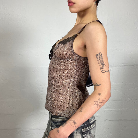 Vintage 2000's Dark Romance Boho Style and Polka Dot Printed Cami Top with Lace Decorated Bra (S)