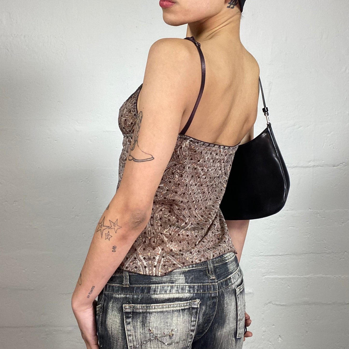 Vintage 2000's Dark Romance Boho Style and Polka Dot Printed Cami Top with Lace Decorated Bra (S)