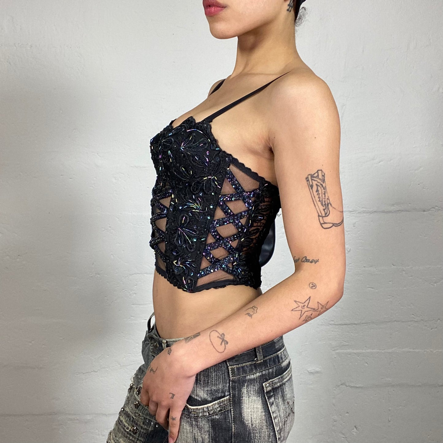 Vintage 2000's Glam Party Midnight Black Moonlight Corset Covered with Sequins and Rhinestones (S)
