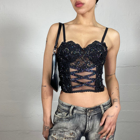 Vintage 2000's Glam Party Midnight Black Moonlight Corset Covered with Sequins and Rhinestones (S)