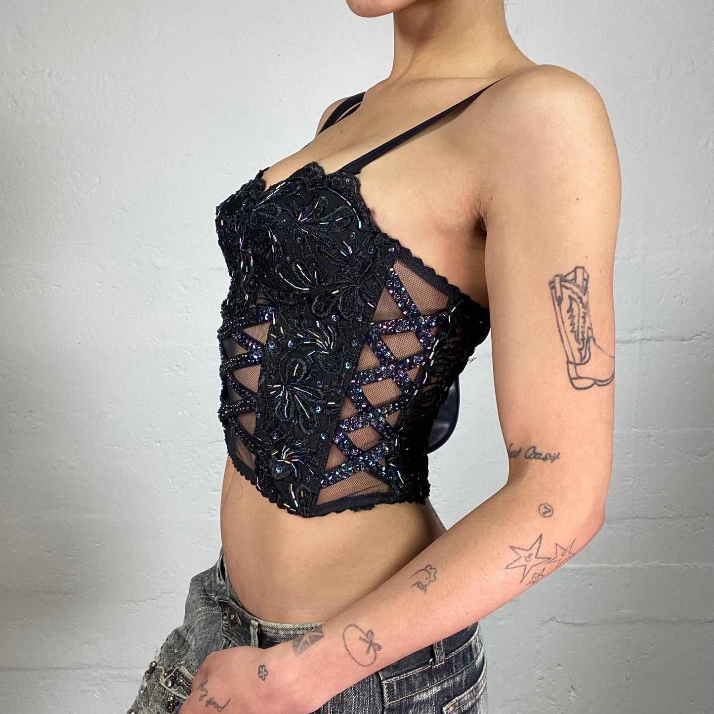 Vintage 2000's Glam Party Midnight Black Moonlight Corset Covered with Sequins and Rhinestones (S)