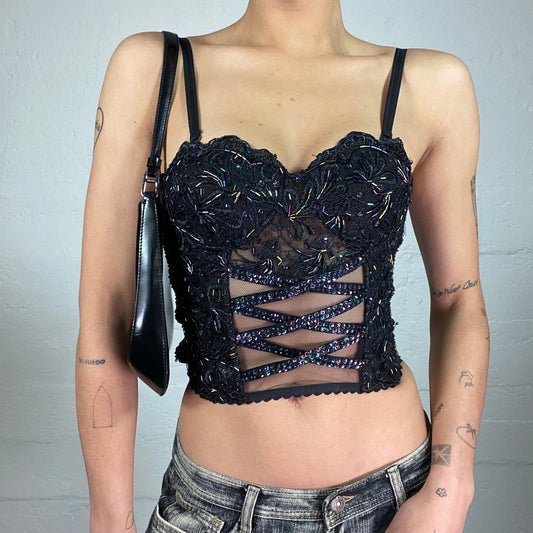 Vintage 2000's Glam Party Midnight Black Moonlight Corset Covered with Sequins and Rhinestones (S)