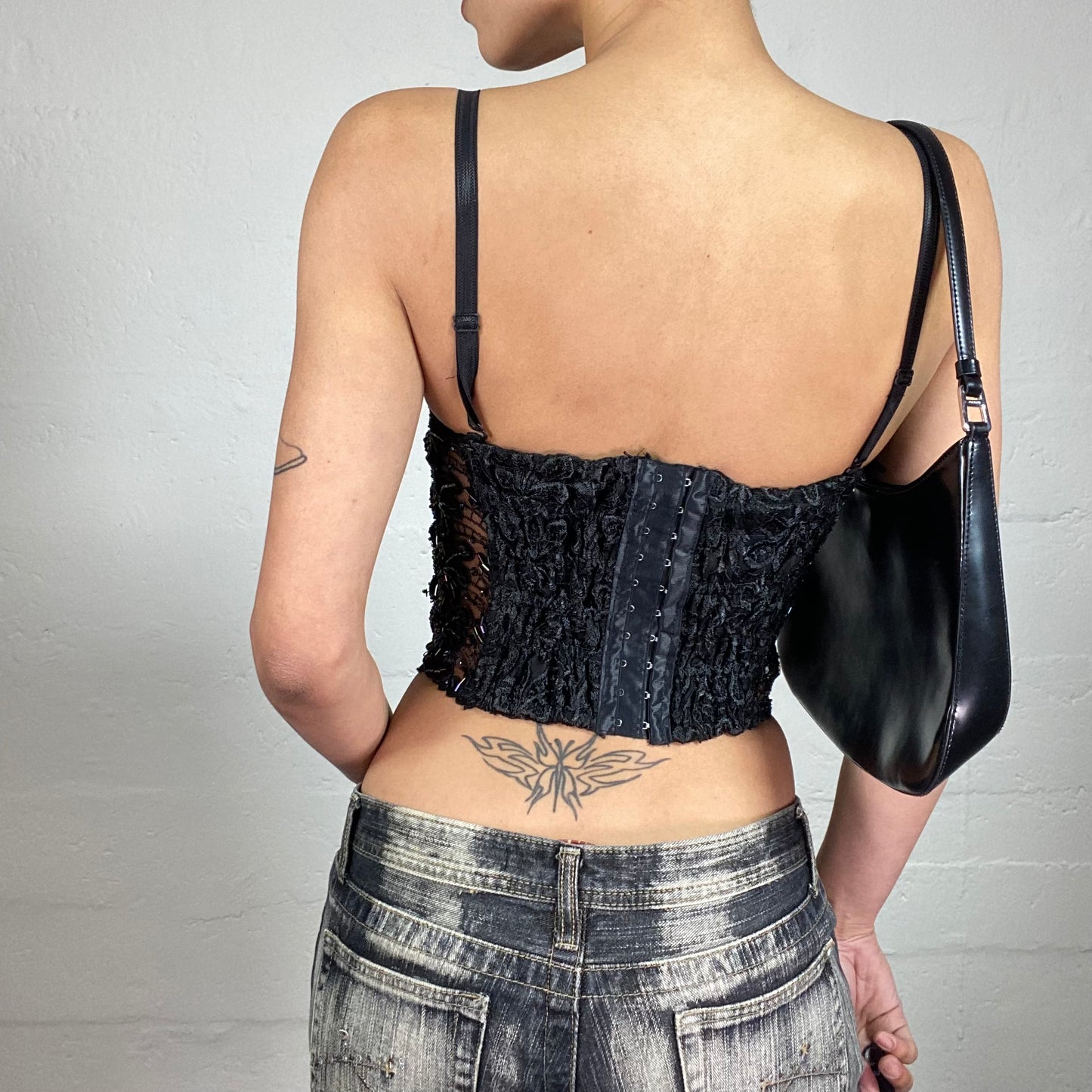 Vintage 2000's Glam Party Midnight Black Moonlight Corset Covered with Sequins and Rhinestones (S)