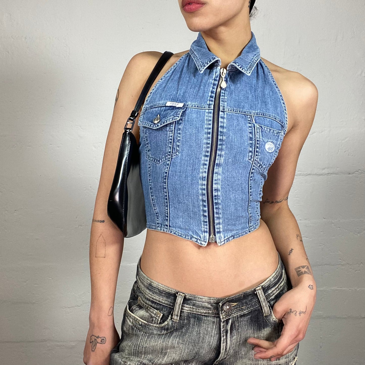 Vintage 2000's Streetdance Denim Zip Up Neckholder Top with Lace Up Back Detail (S)